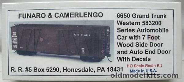 Funaro & Camerlengo 1/87 40' Outside Braced Wood Automobile Boxcar Grand Trunk - Sliding Door with Auto End Door- Resin HO Craftsman Kit, 6650 plastic model kit